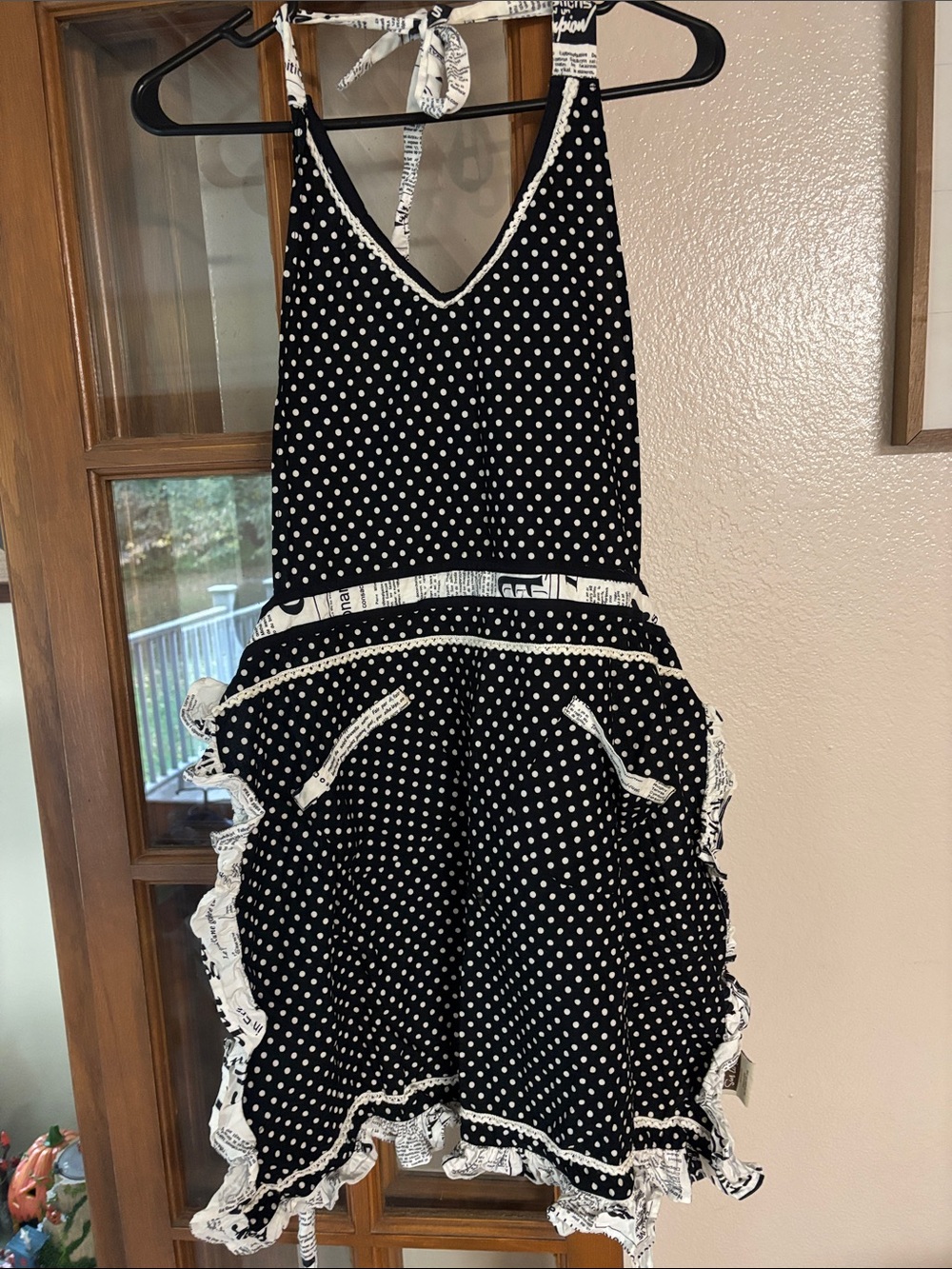 Black Polka Dot Halter Retro Apron with Ruffle Trim